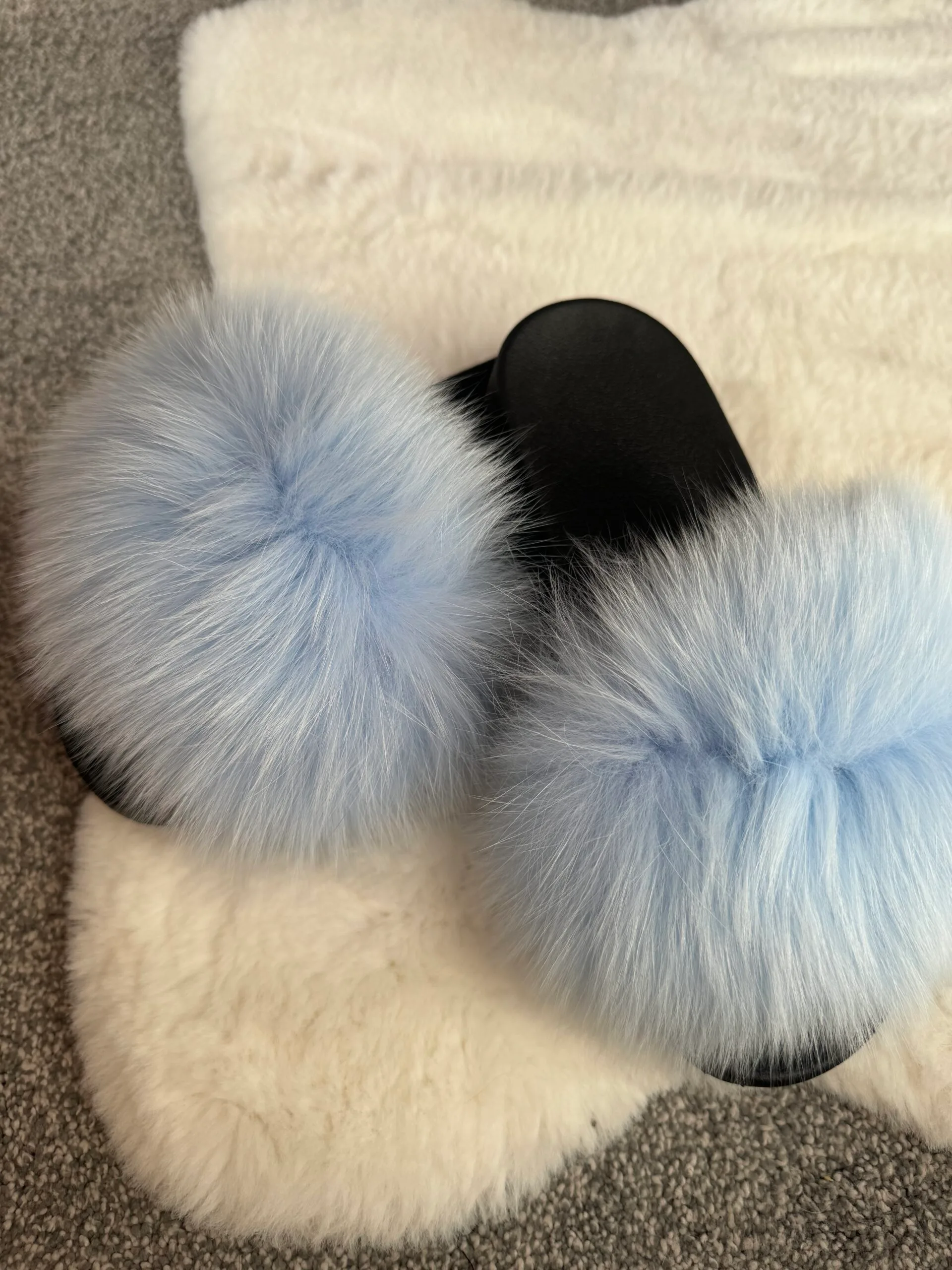 Baby Blue Real Fox Fur Sliders - Image 2