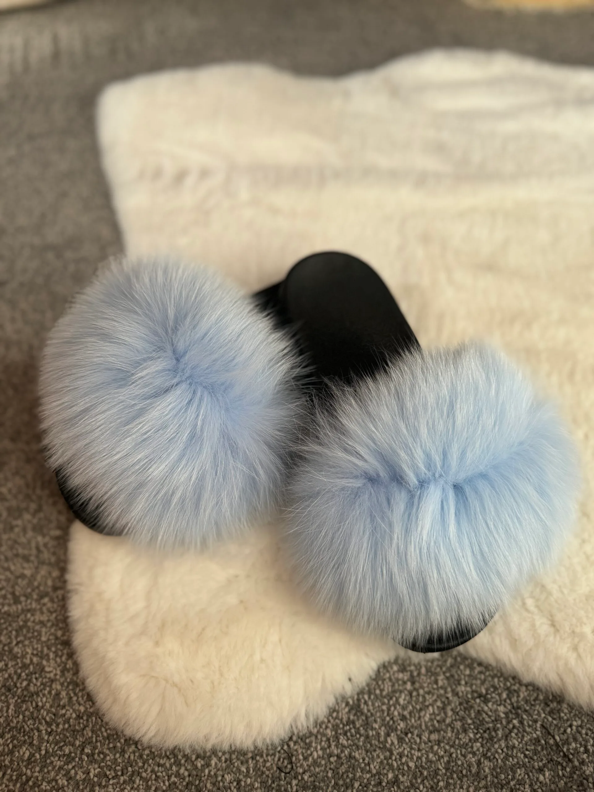 Baby Blue Real Fox Fur Sliders