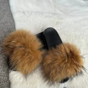'Latte' Real Fox Fur Sliders