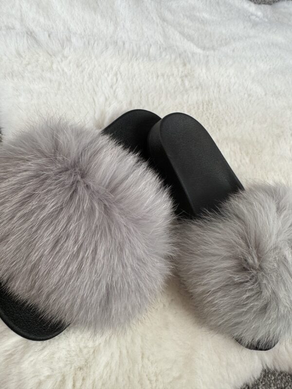 'Light Grey' Real Fox Fur Sliders - Image 2