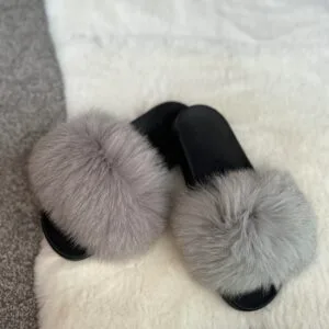 'Light Grey' Real Fox Fur Sliders