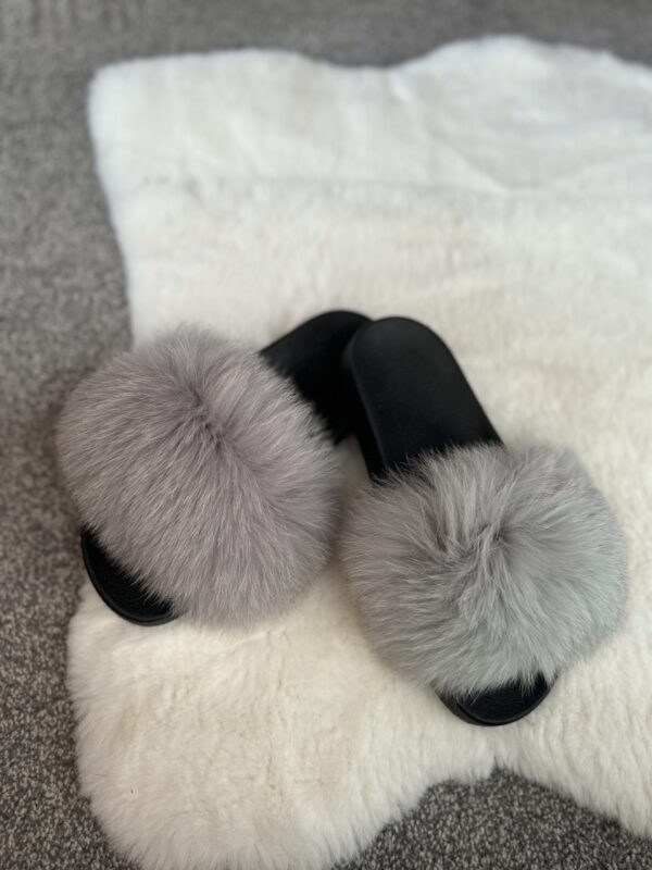 'Light Grey' Real Fox Fur Sliders