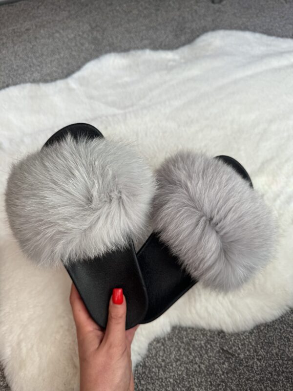 'Light Grey' Real Fox Fur Sliders - Image 3