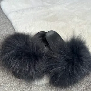 XL Black Real Fox Fur Sliders
