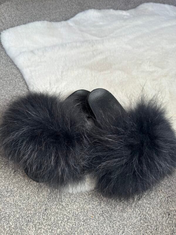 XL Black Real Fox Fur Sliders