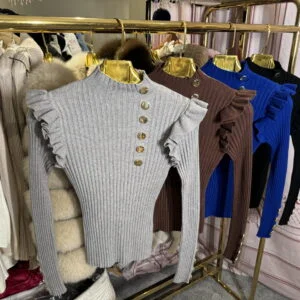 Knitted Gold Button Ruffle Jumpers