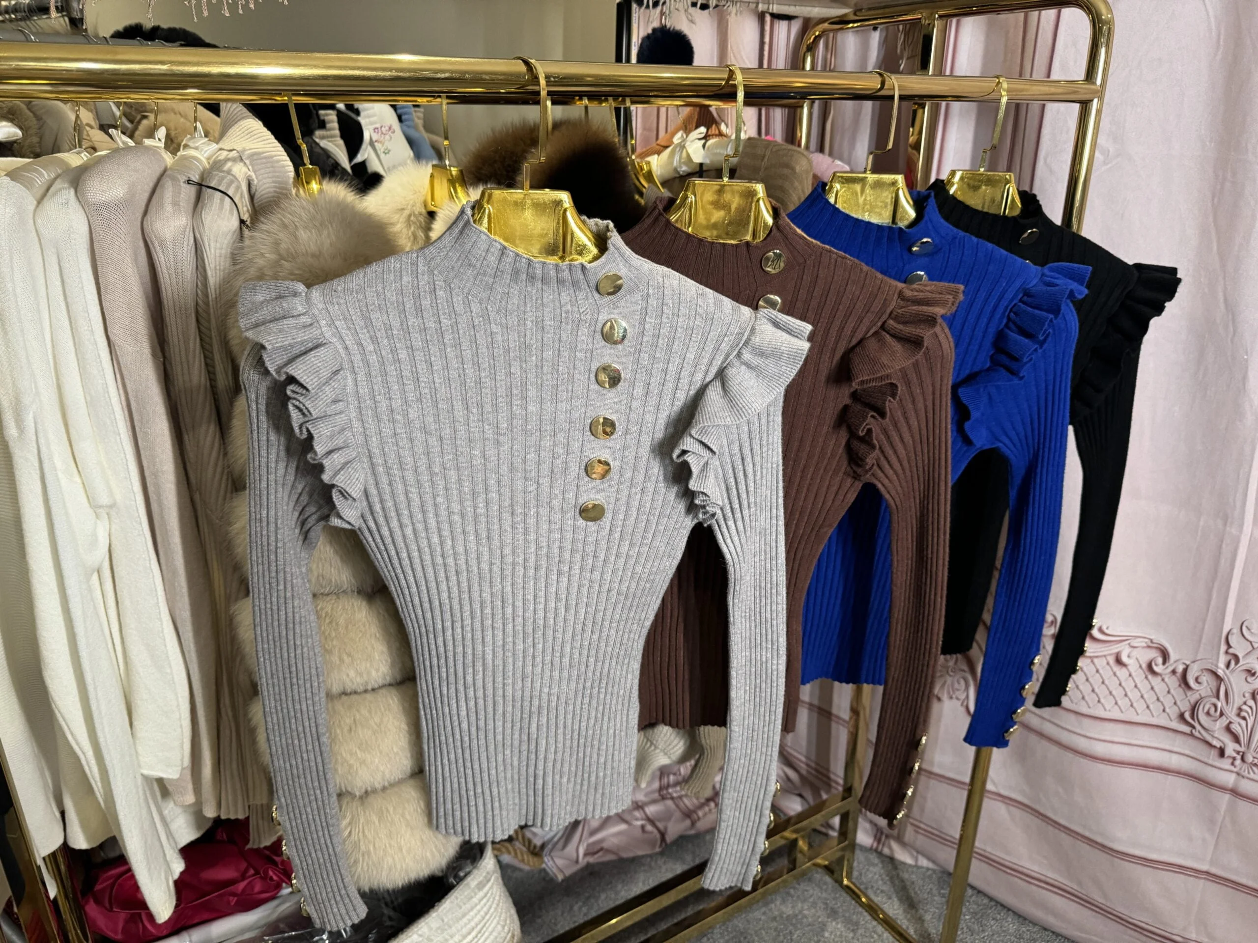 Knitted Gold Button Ruffle Jumpers