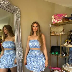 'Addison' blue and white bandeau and Rara skirt set