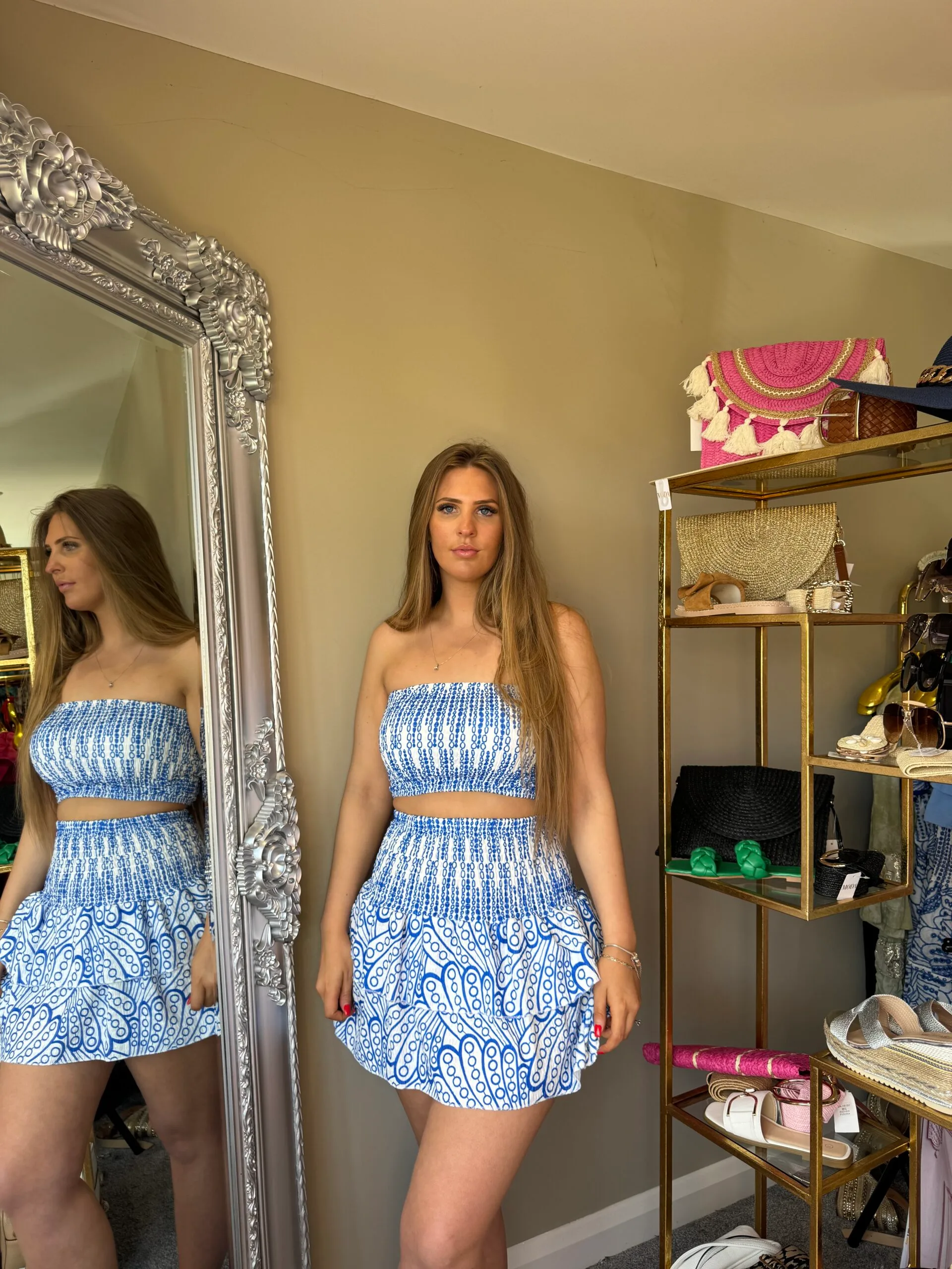 'Addison' blue and white bandeau and Rara skirt set