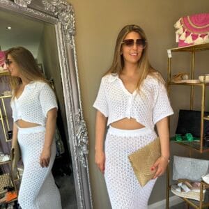 Darcie' white knitted crotchet maxi skirt and cropped cardigan co-ord set/ two piece set!