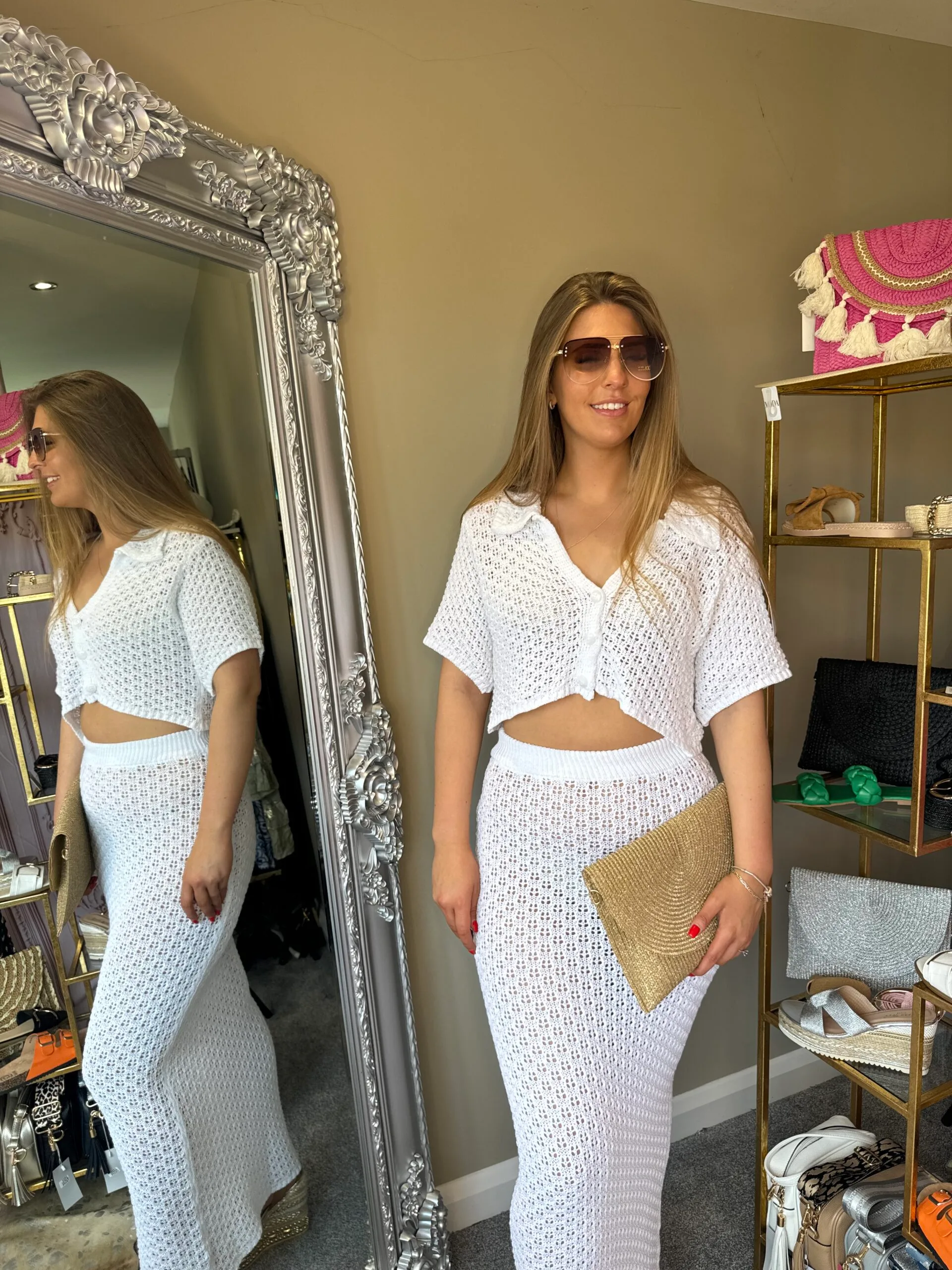 Darcie' white knitted crotchet maxi skirt and cropped cardigan co-ord set/ two piece set!