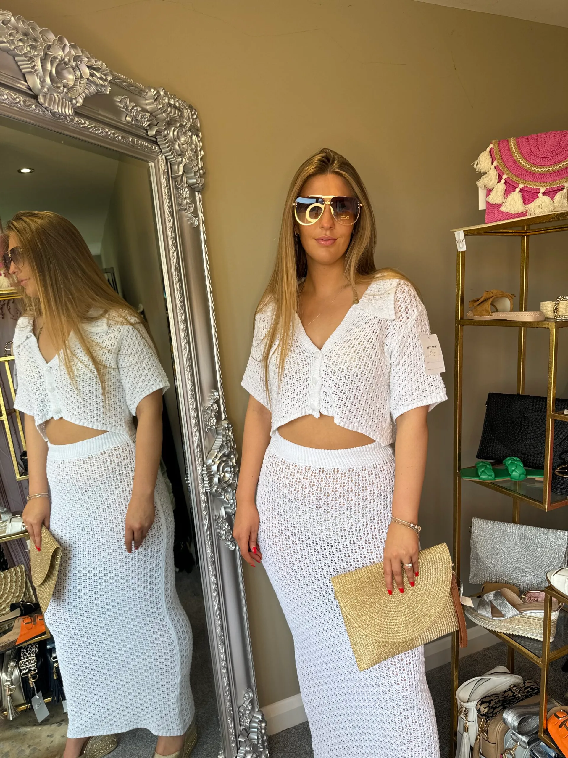 Darcie' white knitted crotchet maxi skirt and cropped cardigan co-ord set/ two piece set! - Image 4