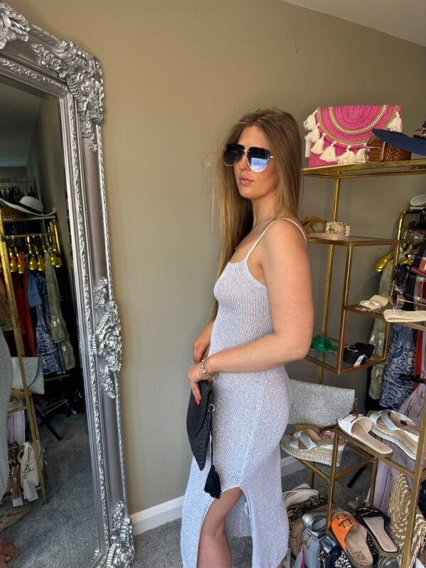 'Freya' Silver Metallic Knitted Side Split Dress - Image 4