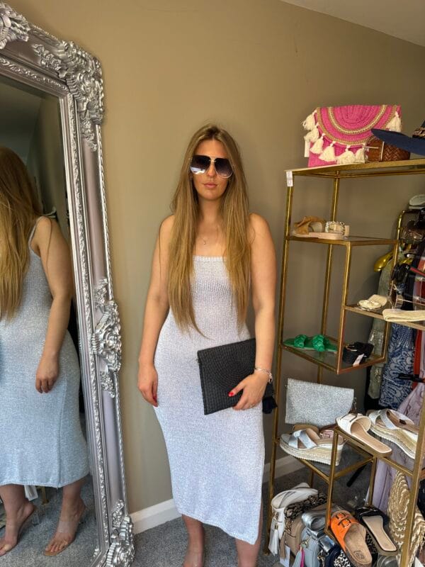 'Freya' Silver Metallic Knitted Side Split Dress