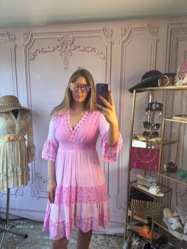 'Florence' Pink Lace Detailing Summer Dress. - Image 3
