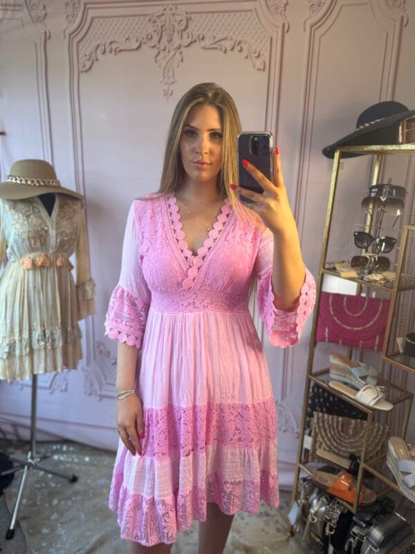 'Florence' Pink Lace Detailing Summer Dress. - Image 2
