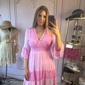 'Florence' Pink Lace Detailing Summer Dress.