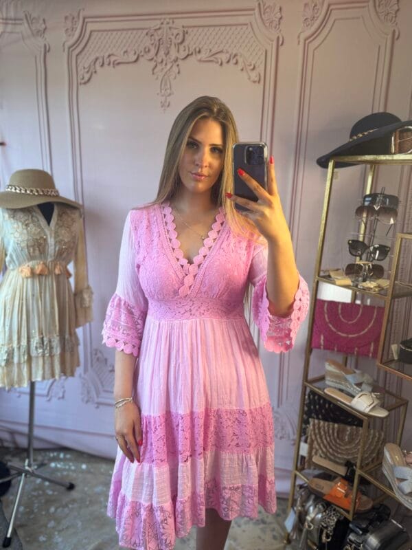 'Florence' Pink Lace Detailing Summer Dress.