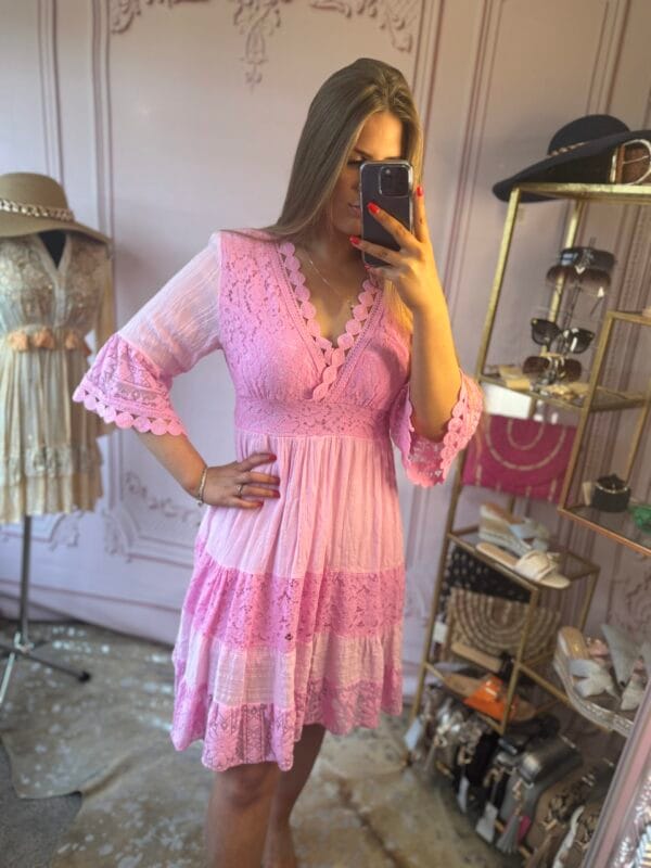 'Florence' Pink Lace Detailing Summer Dress. - Image 4