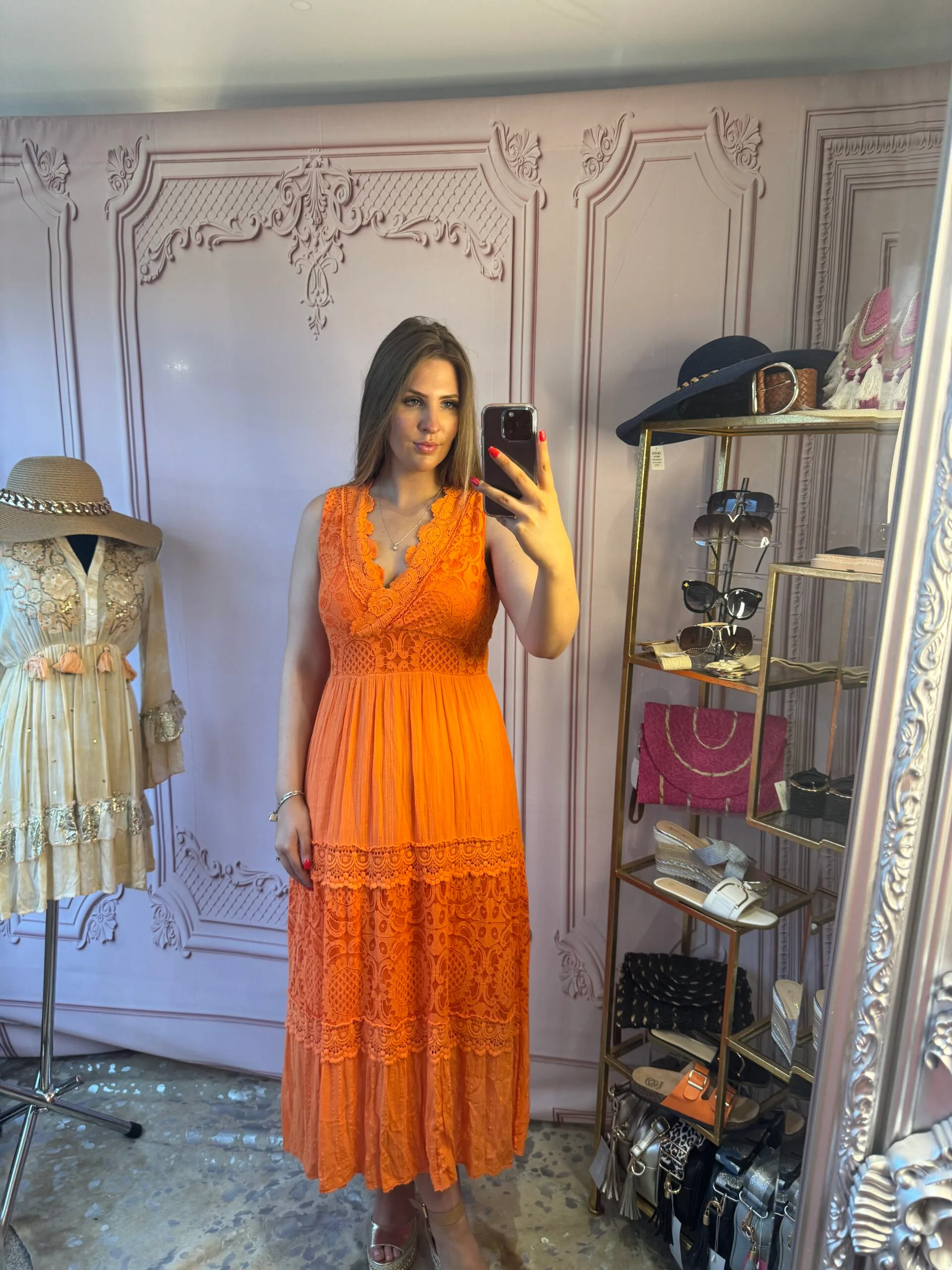 'Sienna' Orange or pink Lace Detailed Maxi Dress, - Image 6