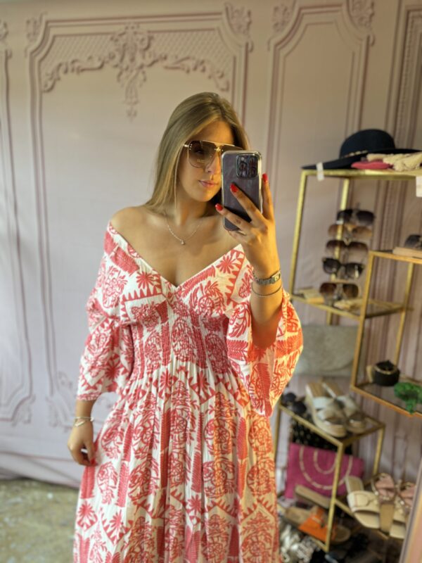 'Suzanne' shirred bodice midi dress in coral and white - Image 4