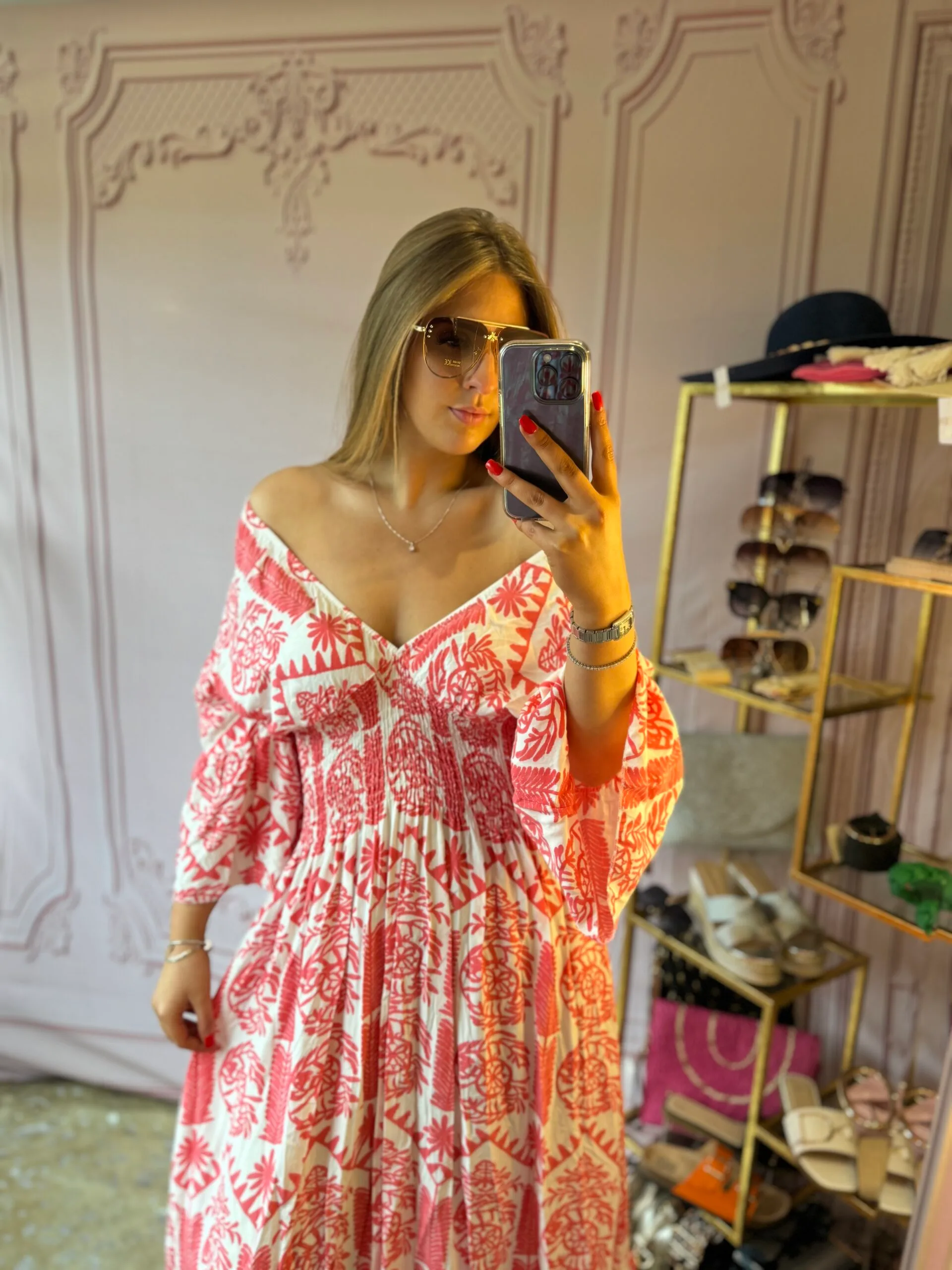 'Suzanne' shirred bodice midi dress in coral and white - Image 4