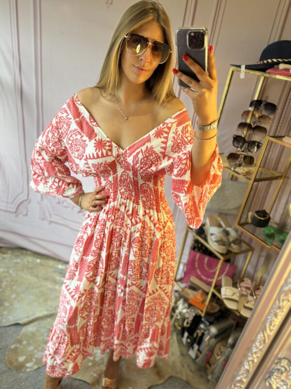 'Suzanne' shirred bodice midi dress in coral and white - Image 5