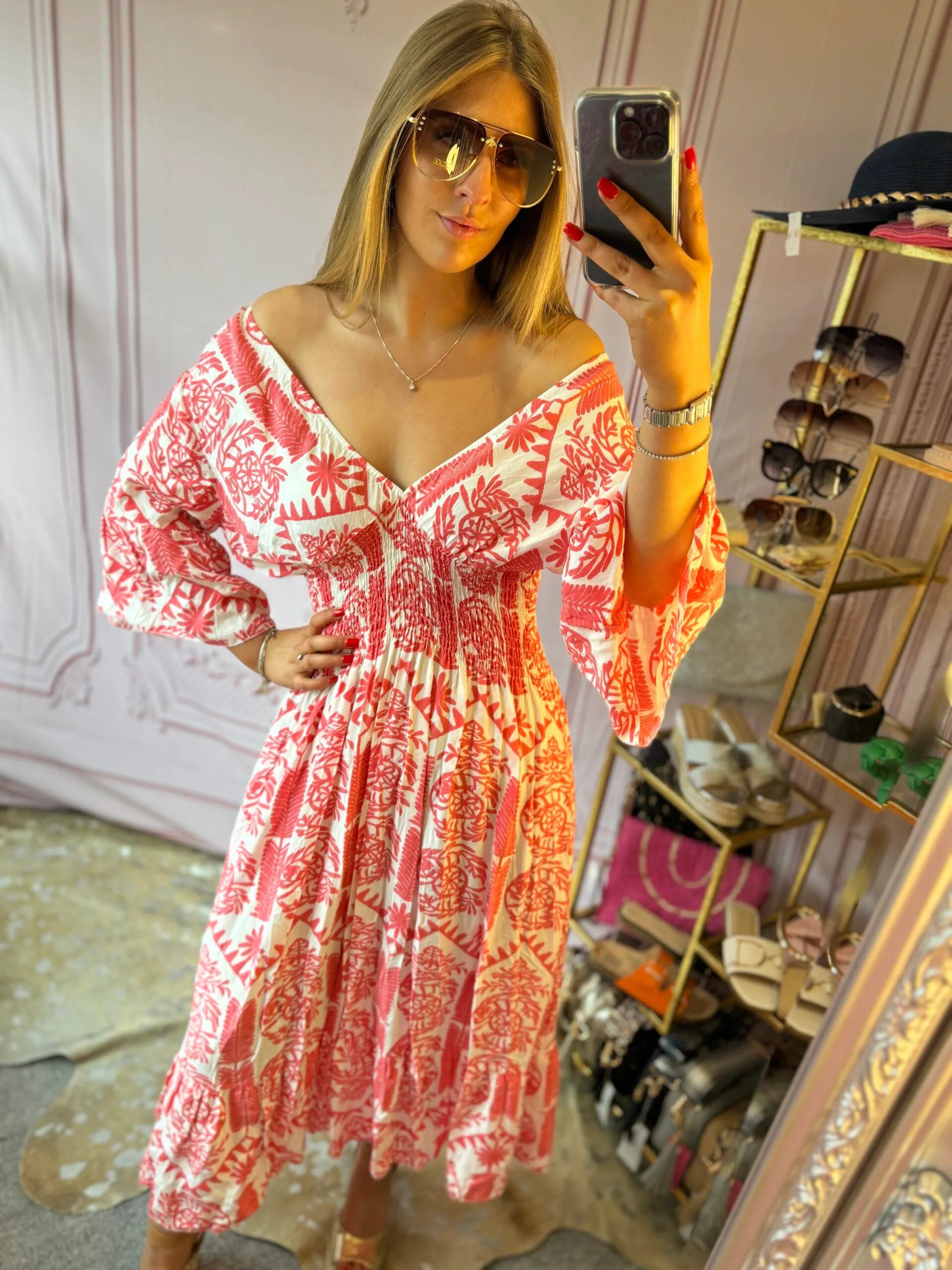 'Suzanne' shirred bodice midi dress in coral and white - Image 5