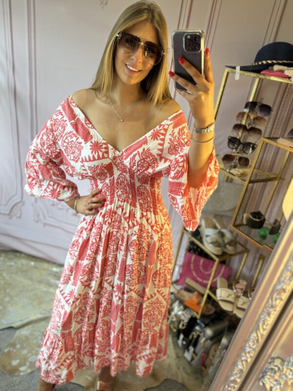 'Suzanne' shirred bodice midi dress in coral and white - Image 3