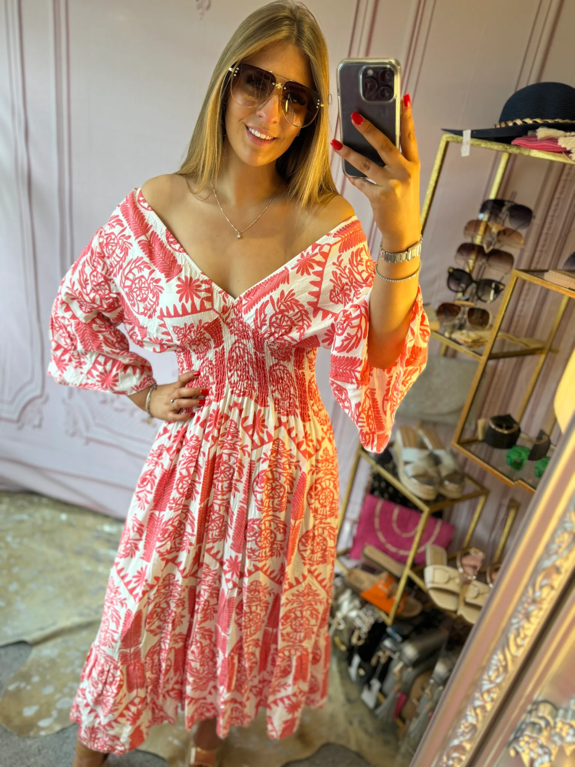 'Suzanne' shirred bodice midi dress in coral and white - Image 3