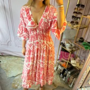 'Suzanne' shirred bodice midi dress in coral and white