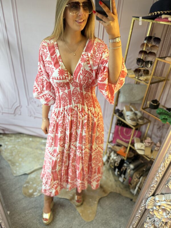 'Suzanne' shirred bodice midi dress in coral and white