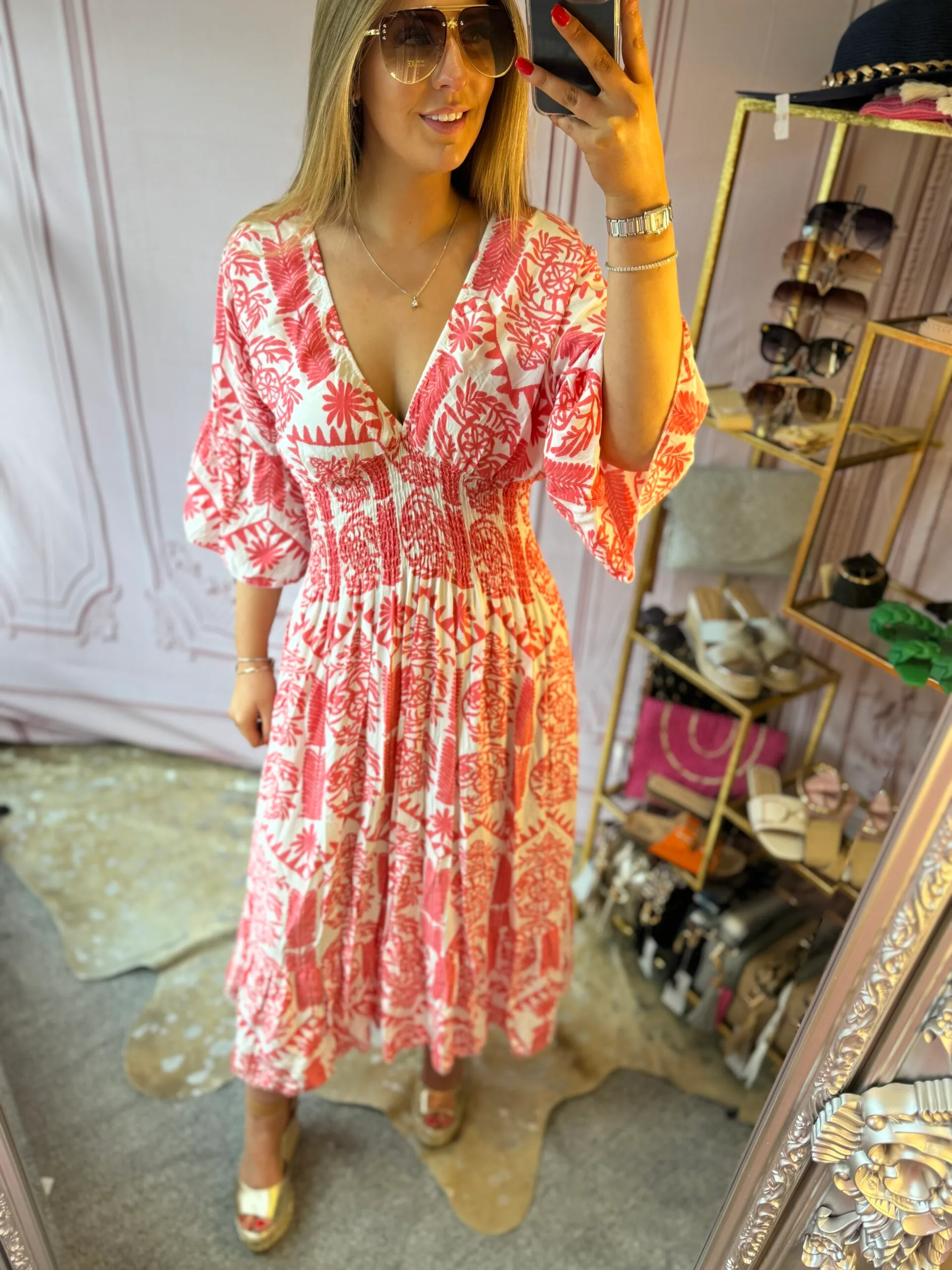 'Suzanne' shirred bodice midi dress in coral and white