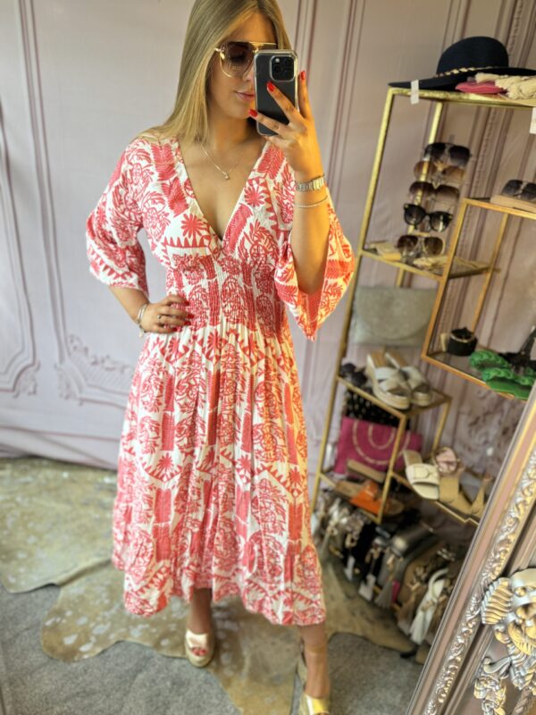 'Suzanne' shirred bodice midi dress in coral and white - Image 2