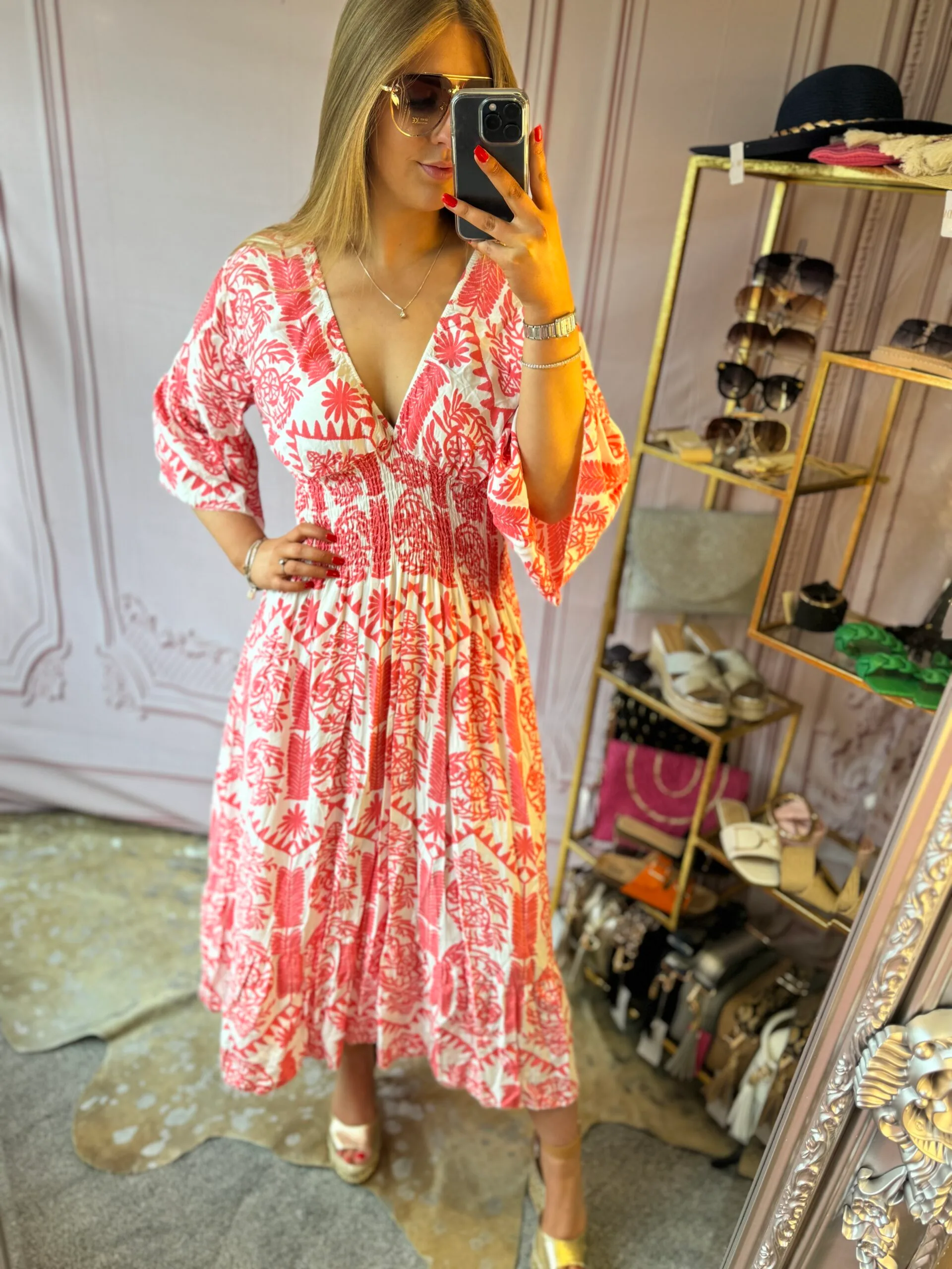 'Suzanne' shirred bodice midi dress in coral and white - Image 2
