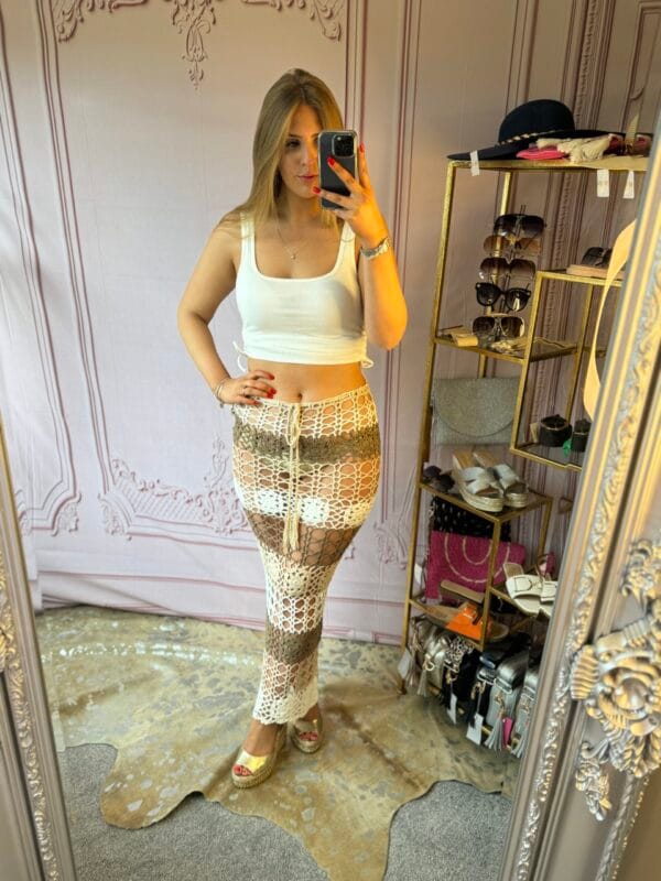 'Chiara' Maxi Crochet Beach Skirt in Beige - Image 5