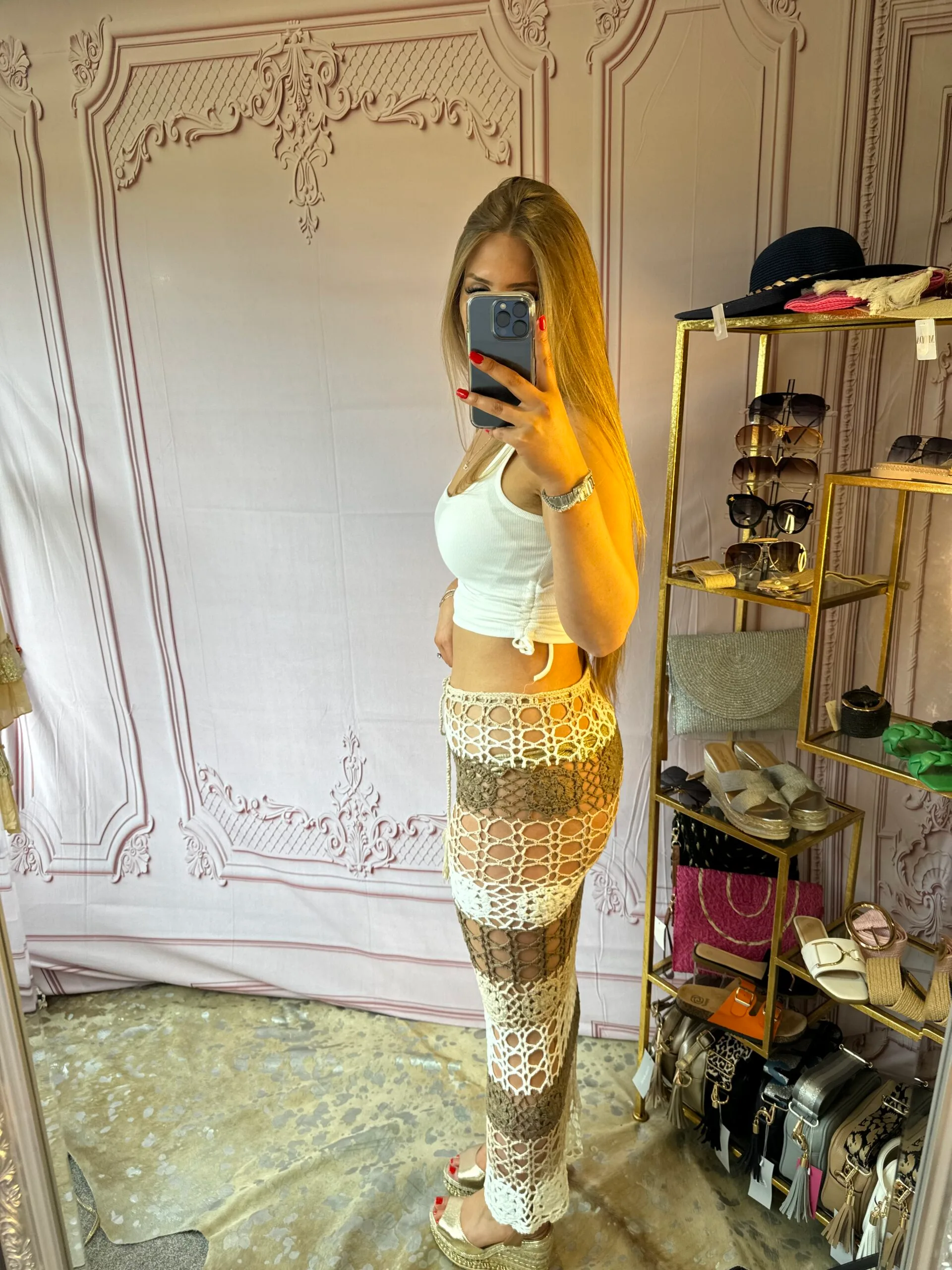 'Chiara' Maxi Crochet Beach Skirt in Beige - Image 4