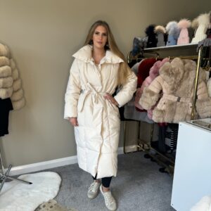'Maple' Beige Long Duvet Puffer Coat With Tie Waist Belt