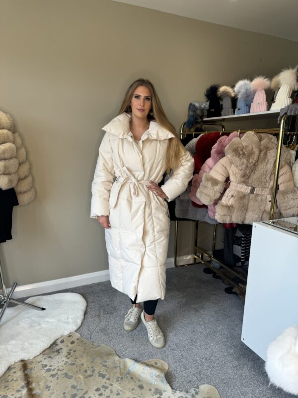 'Maple' Beige Long Duvet Puffer Coat With Tie Waist Belt