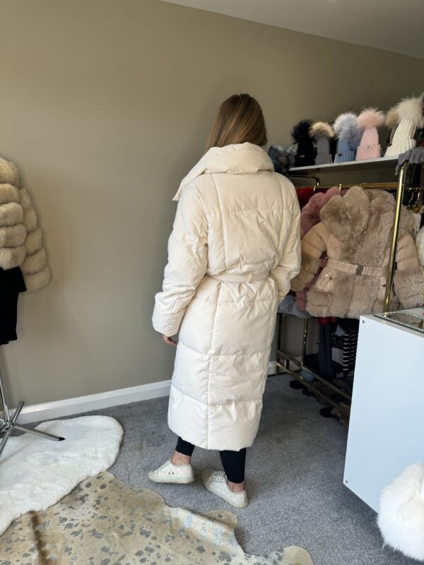 'Maple' Stone Long Duvet Puffer Coat With Tie Waist Belt - Image 9