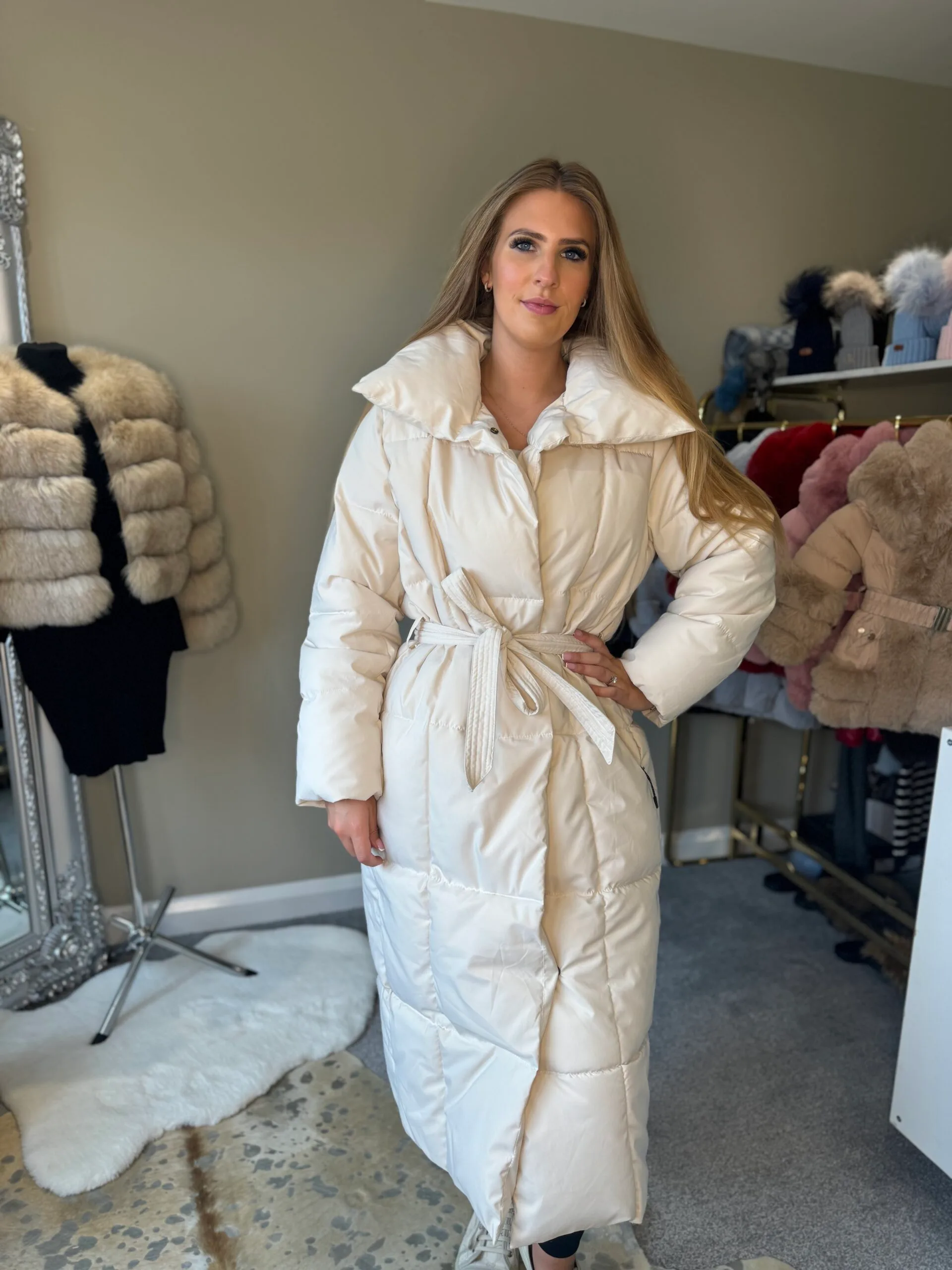 'Maple' Black Long Duvet Puffer Coat With Tie Waist Belt - Image 6