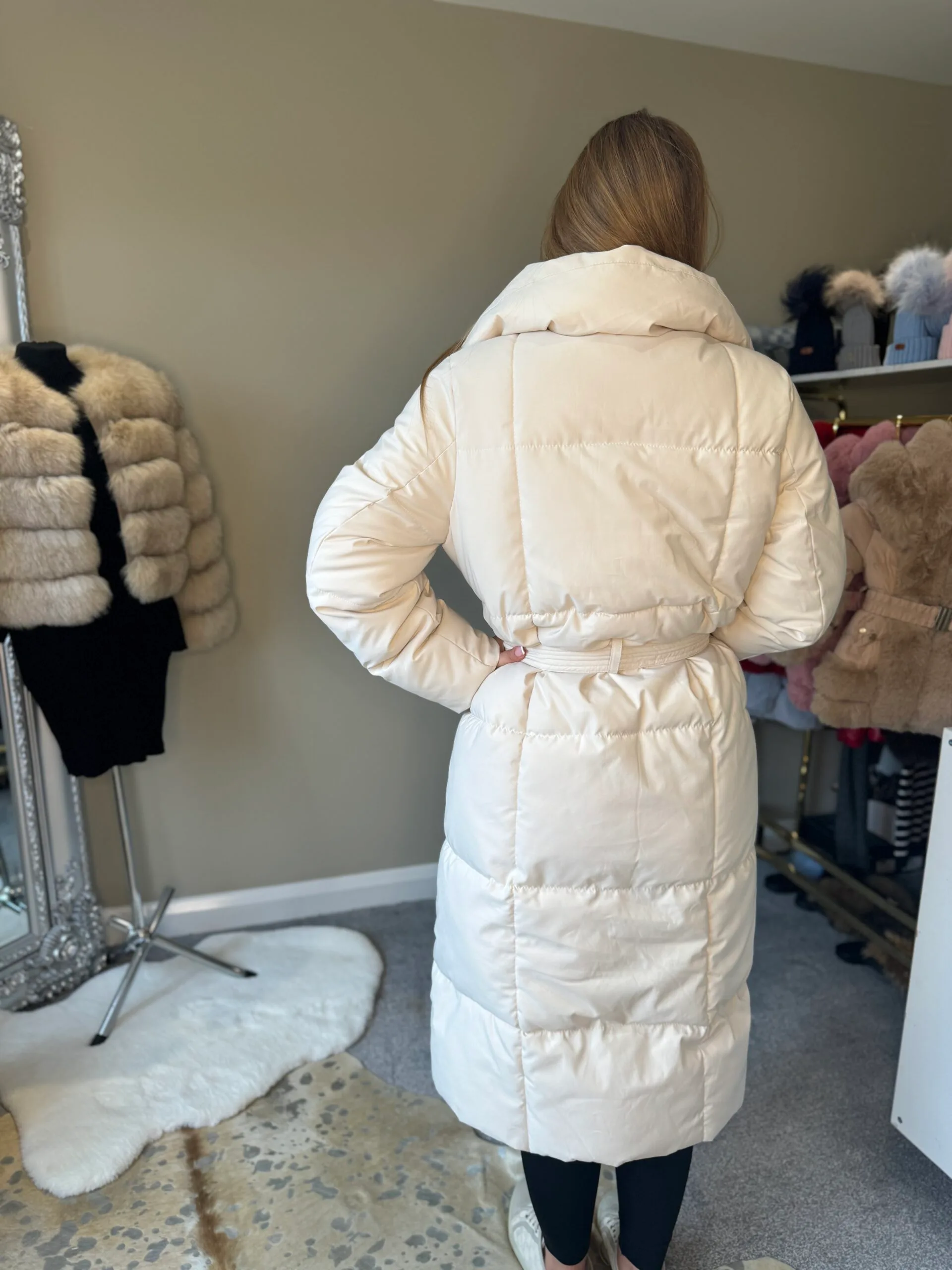 'Maple' Black Long Duvet Puffer Coat With Tie Waist Belt - Image 7