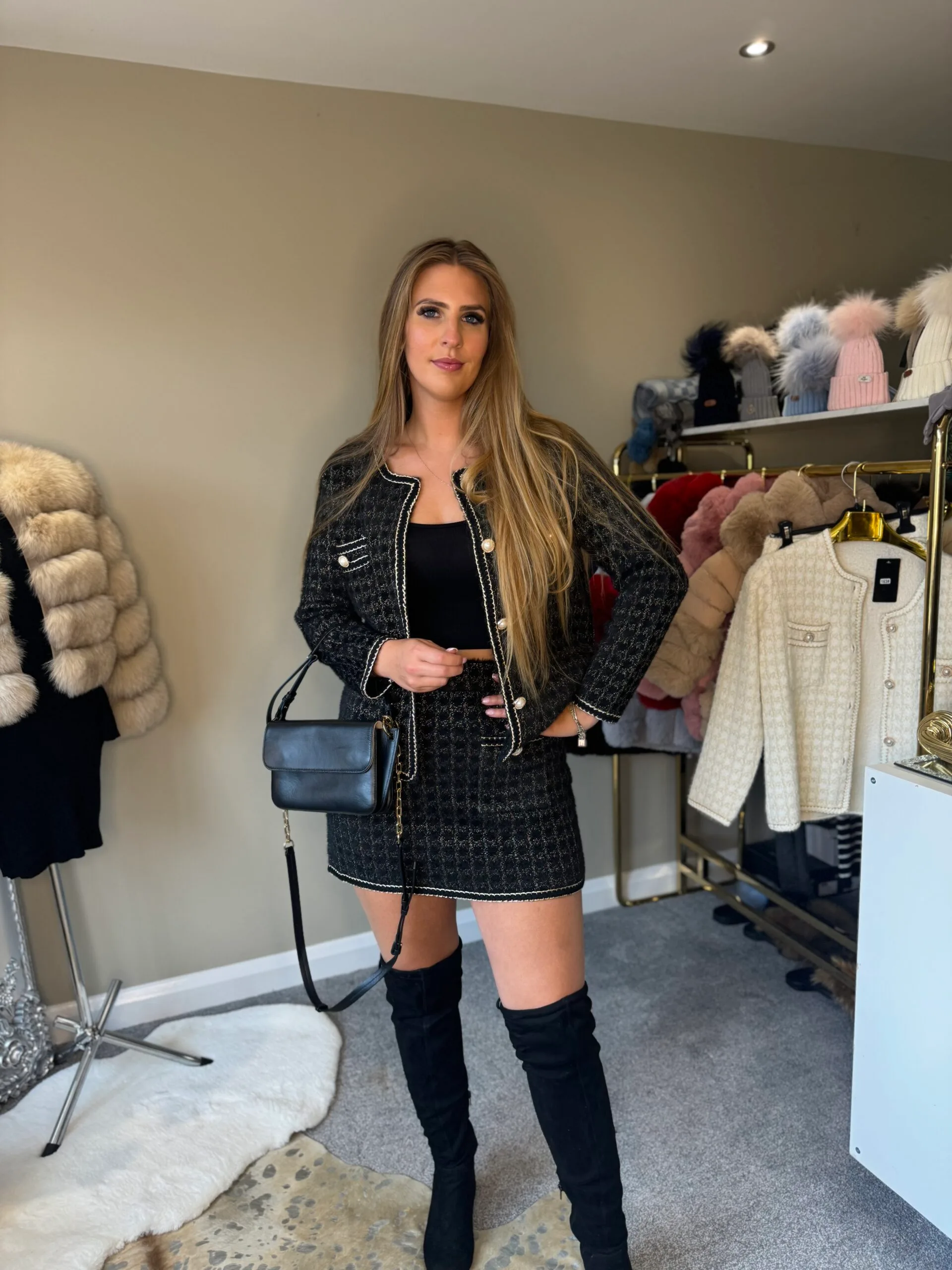 'Tiffany' Black and Gold Knitted Tweed Style Co-ord Set- Cardigan and Skirt - Image 2