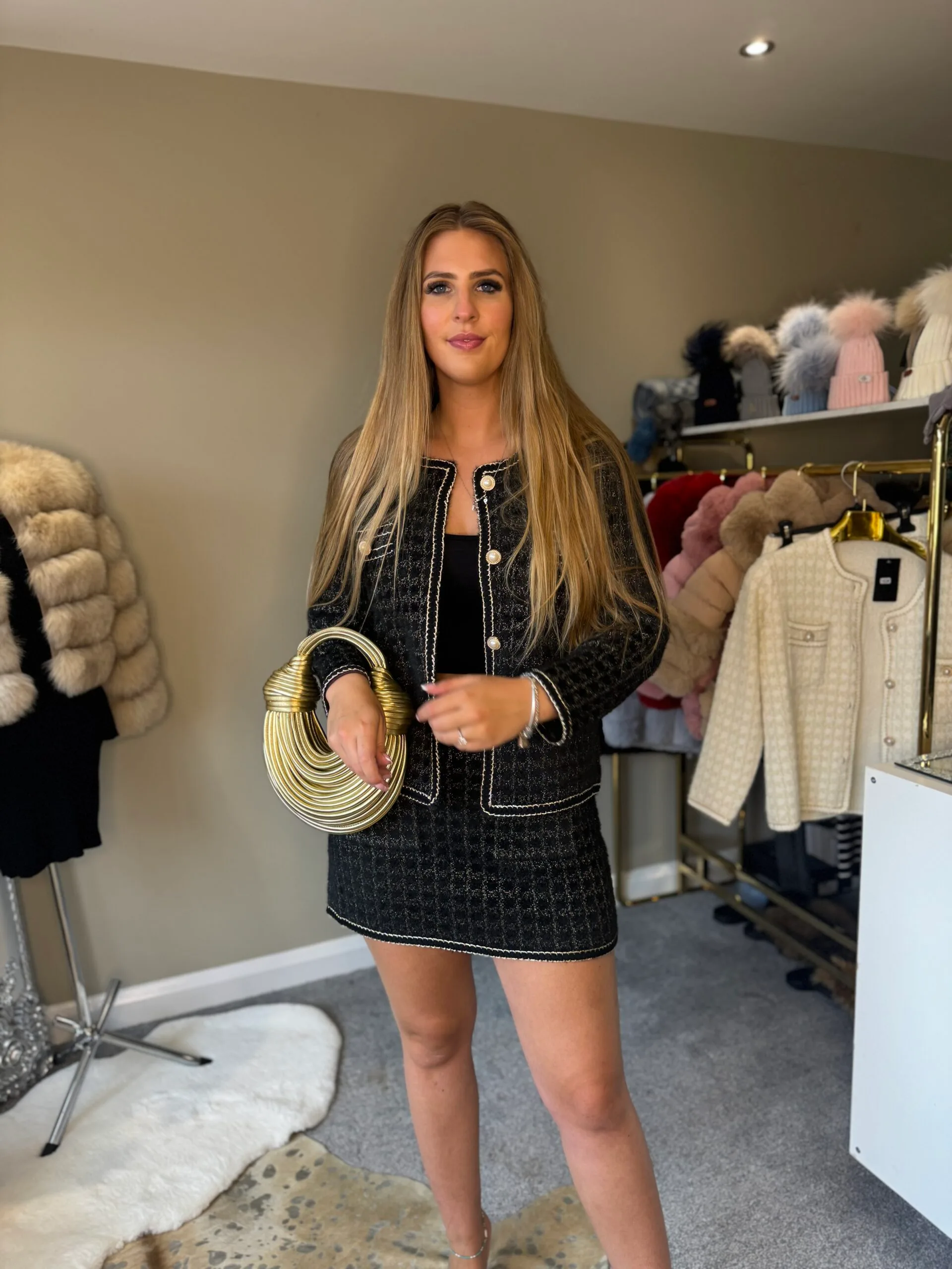 'Tiffany' Black and Gold Knitted Tweed Style Co-ord Set- Cardigan and Skirt