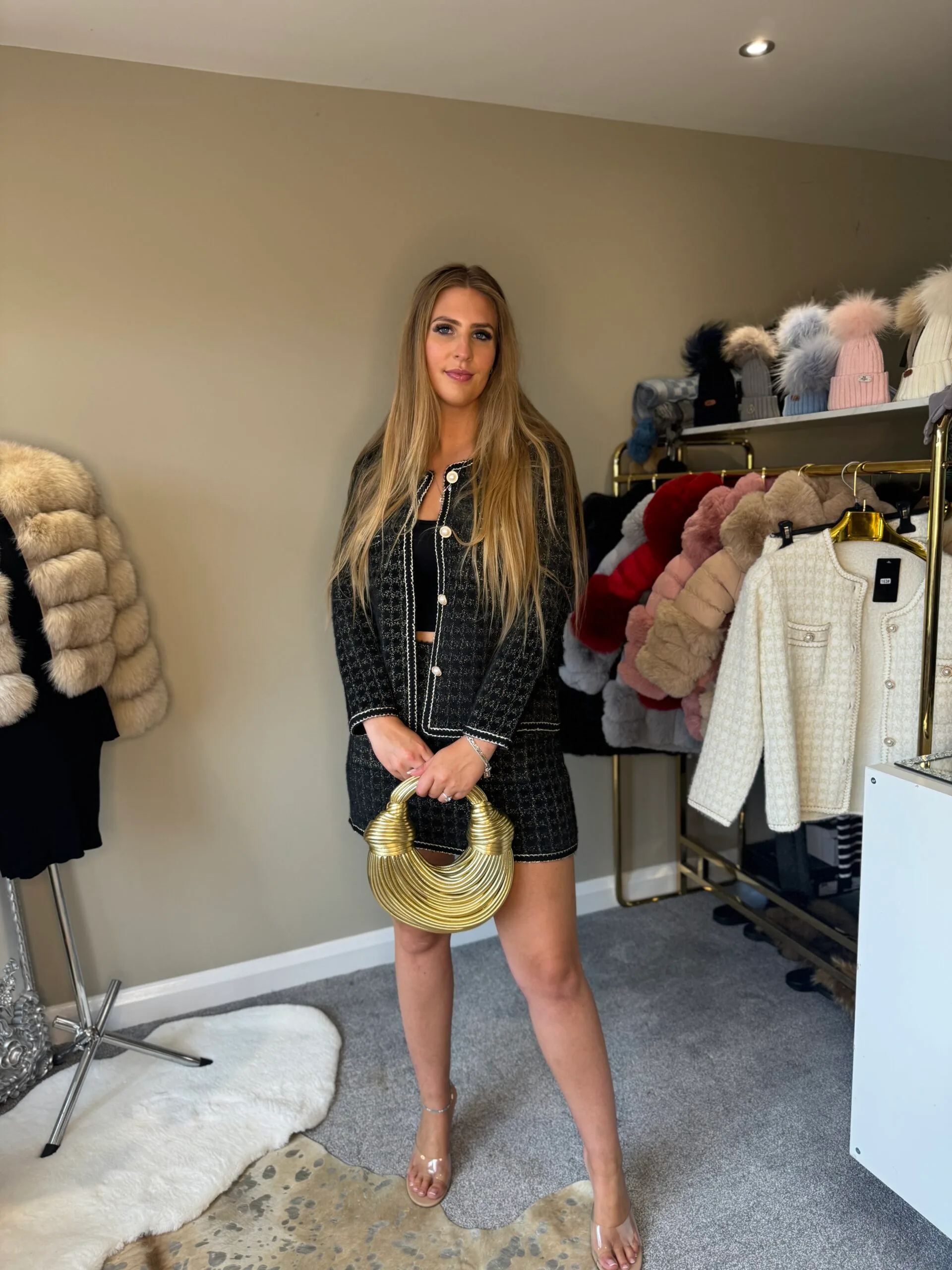 'Tiffany' Black and Gold Knitted Tweed Style Co-ord Set- Cardigan and Skirt - Image 5