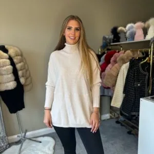 Beige Ribbed Design Knitted Roll Neck Jumper