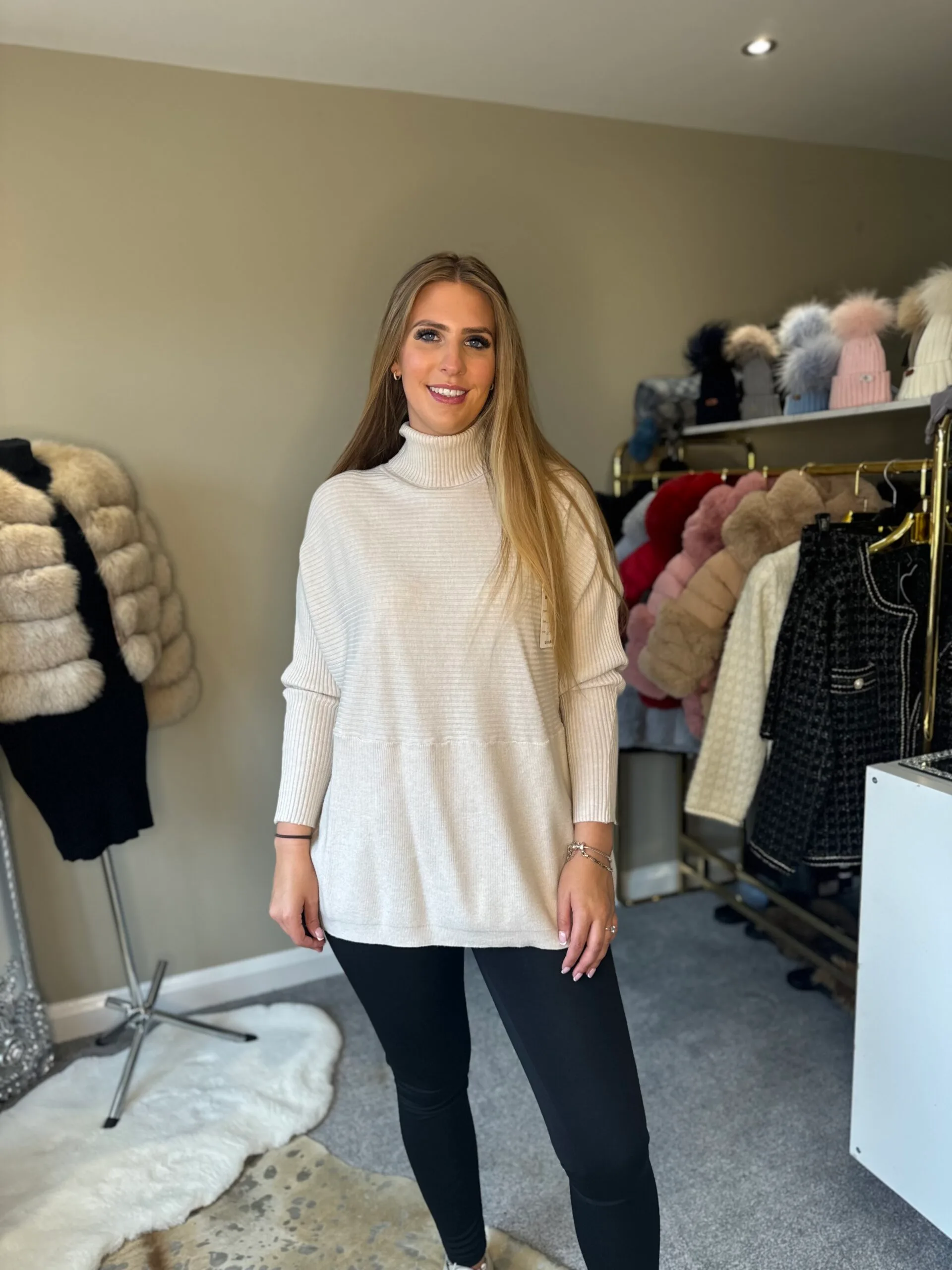 Beige Ribbed Design Knitted Roll Neck Jumper