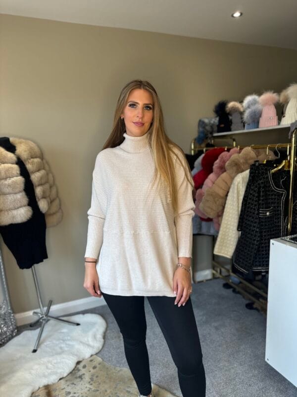 Beige Ribbed Design Knitted Roll Neck Jumper - Image 5