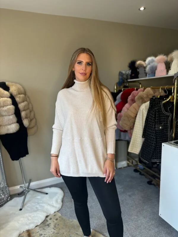 Beige Ribbed Design Knitted Roll Neck Jumper - Image 5