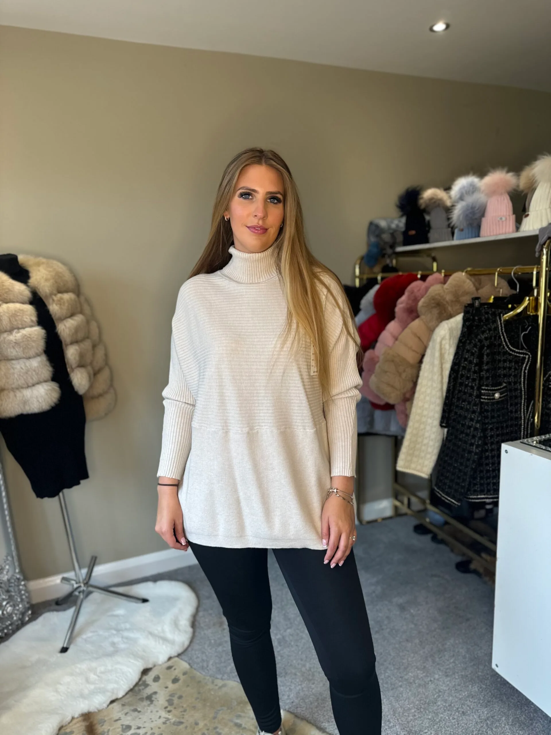 Beige Ribbed Design Knitted Roll Neck Jumper - Image 5